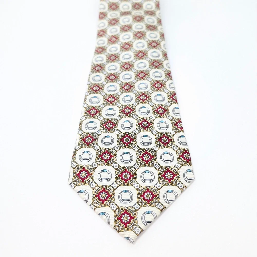 Christian‎ Dior Monsieur Silk Tie Cream Burgundy Gold Medallion Stirrup Pattern